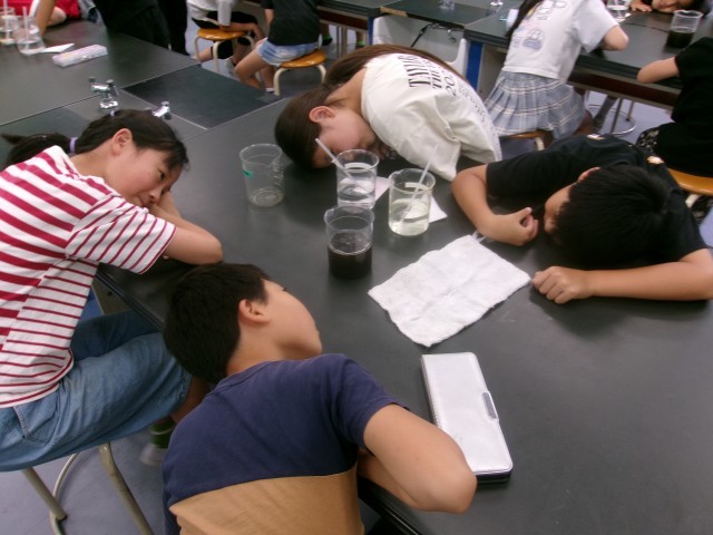 汚れた水をみんなで観察中